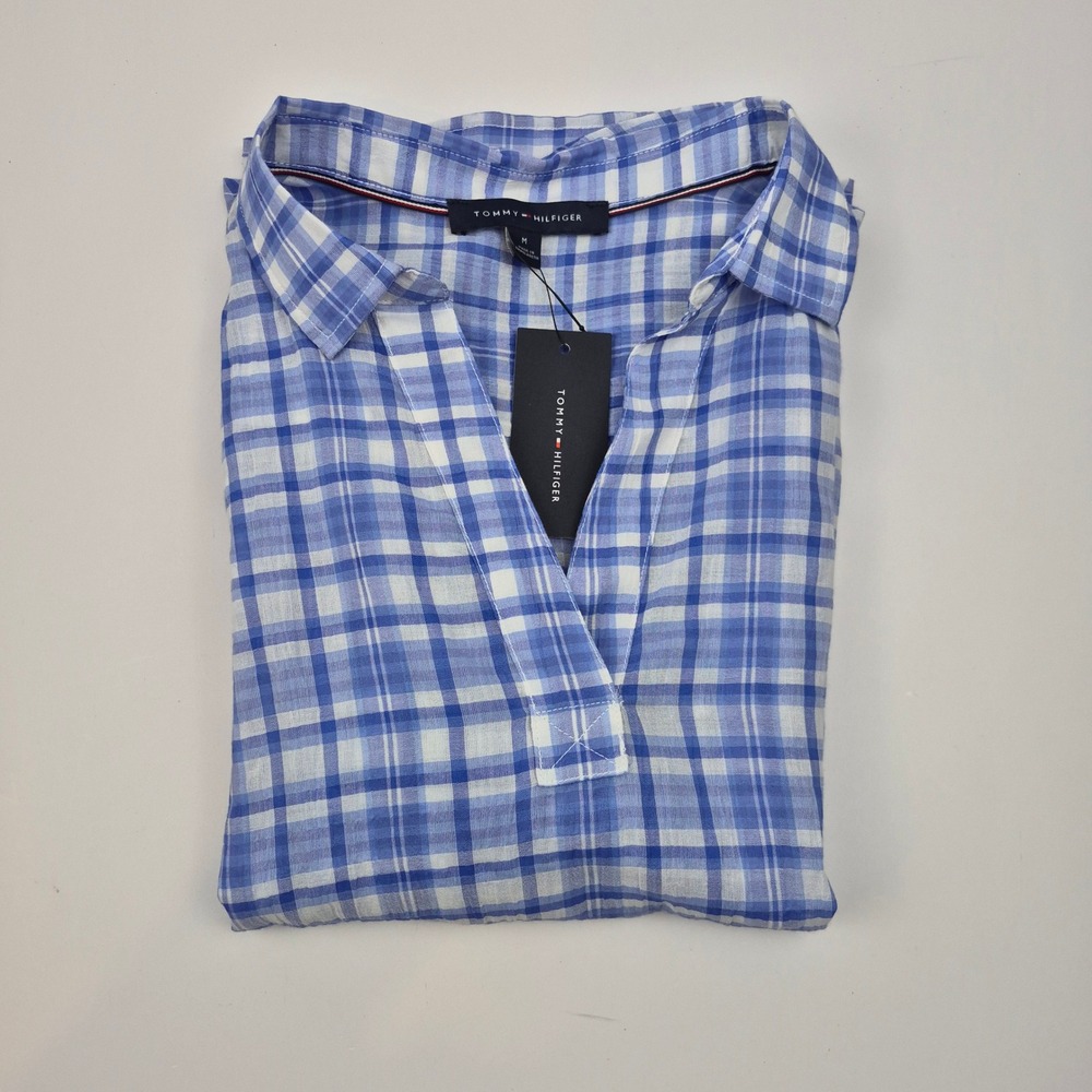Tommy Hilfiger Blue Plaid Gingham Top Shirt Blouse Collared Short Sleeve M NWT